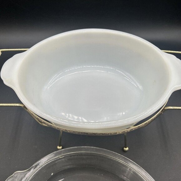 Fire King Milk Glass Casserole Dish w/ Clear Lid 1.5 QT w/ Cradle Candle-Warmer - Picture 7 of 10